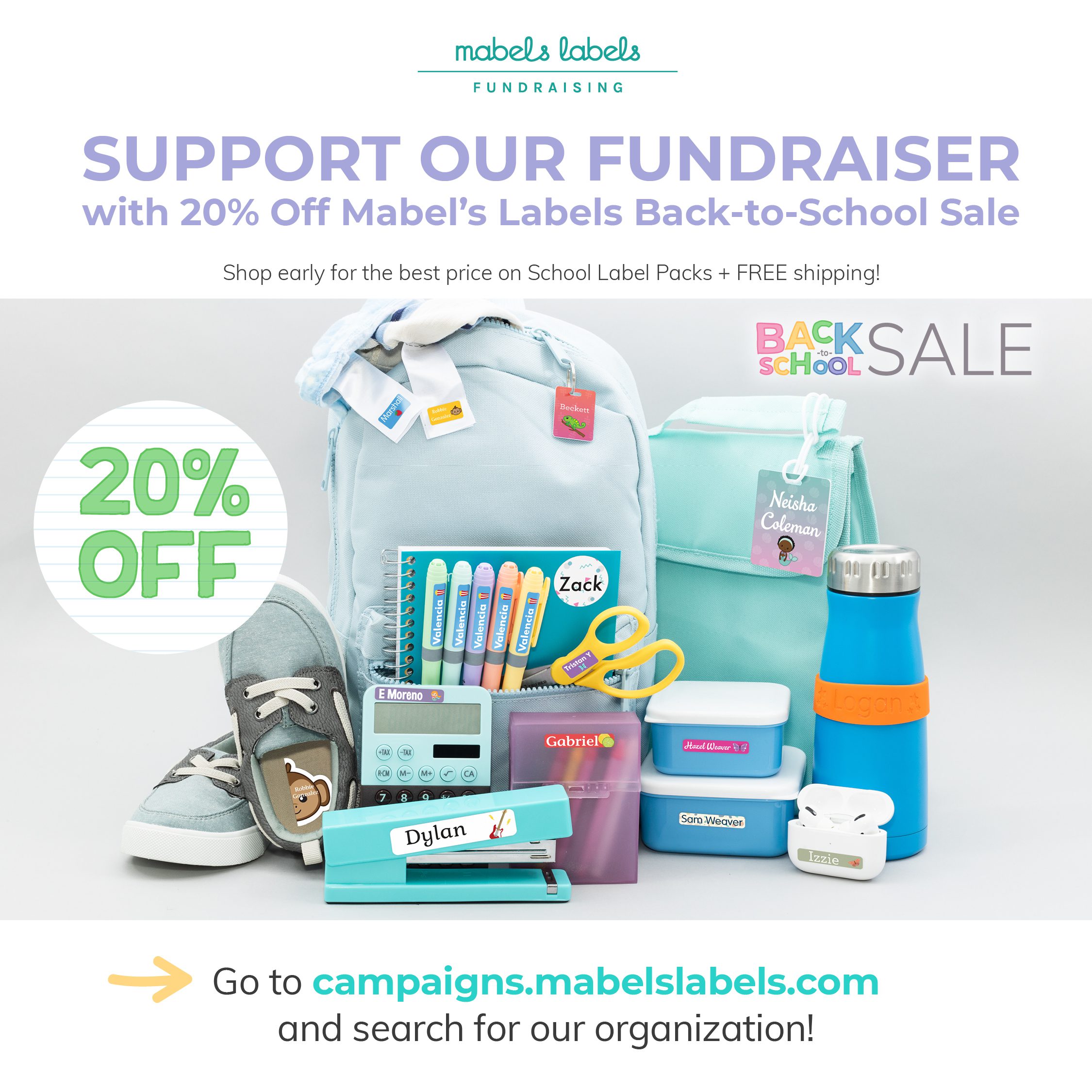 Back to School 20% off Sale with Mabel's Labels Fundraising Feature Image