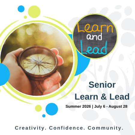 Promotion for Senior Learn and Lead, a person holding a campus.