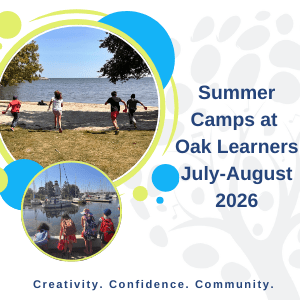 Summer Camp 2026 at Oak Learners. Children running and playing near a beach; another group exploring a harbor. Text: "July-August 2026. Creativity. Confidence. Community."