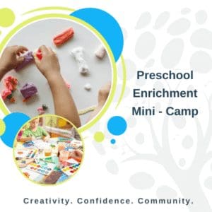 Promotional flyer for Preschool Enrichment Mini-Camp featuring children engaged in creative activities like painting and modeling clay, with the tagline “Creativity. Confidence. Community.” and playful design elements.