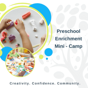 Promotional flyer for Preschool Enrichment Mini-Camp featuring children engaged in creative activities like painting and modeling clay, with the tagline “Creativity. Confidence. Community.” and playful design elements.