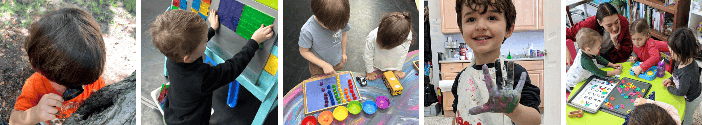 This collage shows five joyful scenes of young children learning through play: exploring a tree with a magnifying glass, painting a colorful grid, sorting toy vehicles on a counting board, smiling with a paint-covered hand, and gathering around a table with alphabet letters and educational toys. Each moment highlights creativity, curiosity, and connection in a warm, hands-on learning environment.