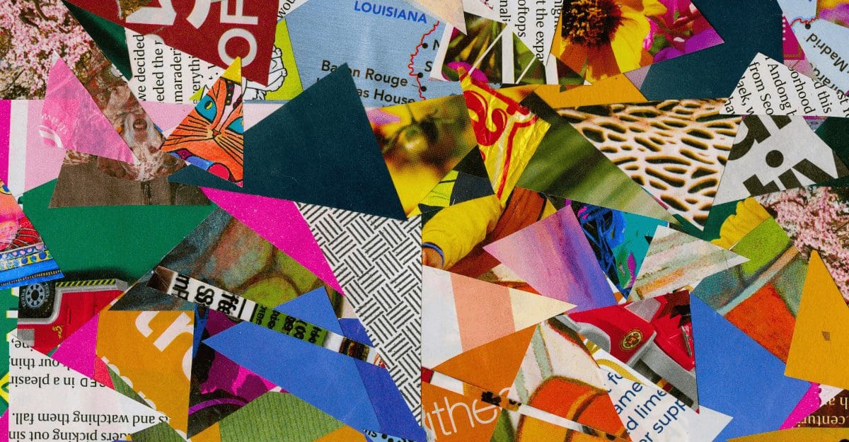 ripping paper to create a collage, layers of paper laid on top of each other